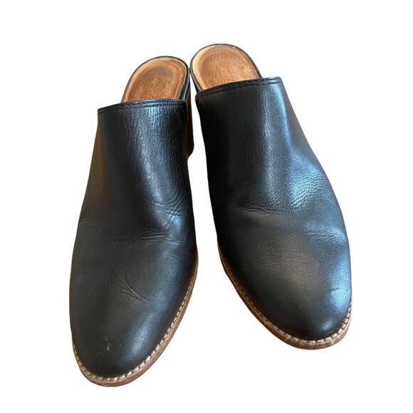 Size 7.5 Madewell The Harper Black Leather Mules J8560 Stacked Heel - Picture 2 of 11